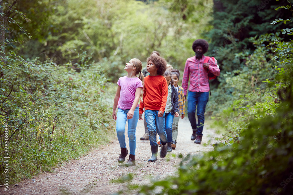 Adult Team Leaders With Group Of Children At Outdoor Activity Camp Walking Through Woodland Adult Team Leaders With Group Of Children At Outdoor Activity Camp Walking Through Woodland