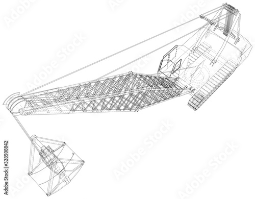 Dragline excavator. The layers of visible and invisible lines are separated. The layers of visible and invisible lines are separated. Wire-frame outline.