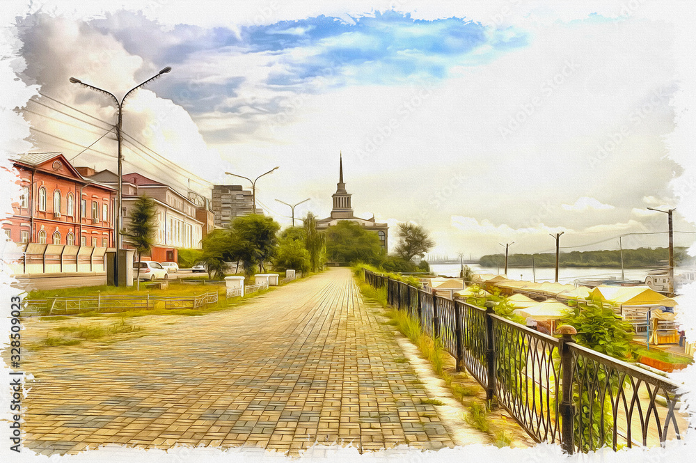 Imitation of a picture. Oil paint. Illustration. Yenisei river embankment