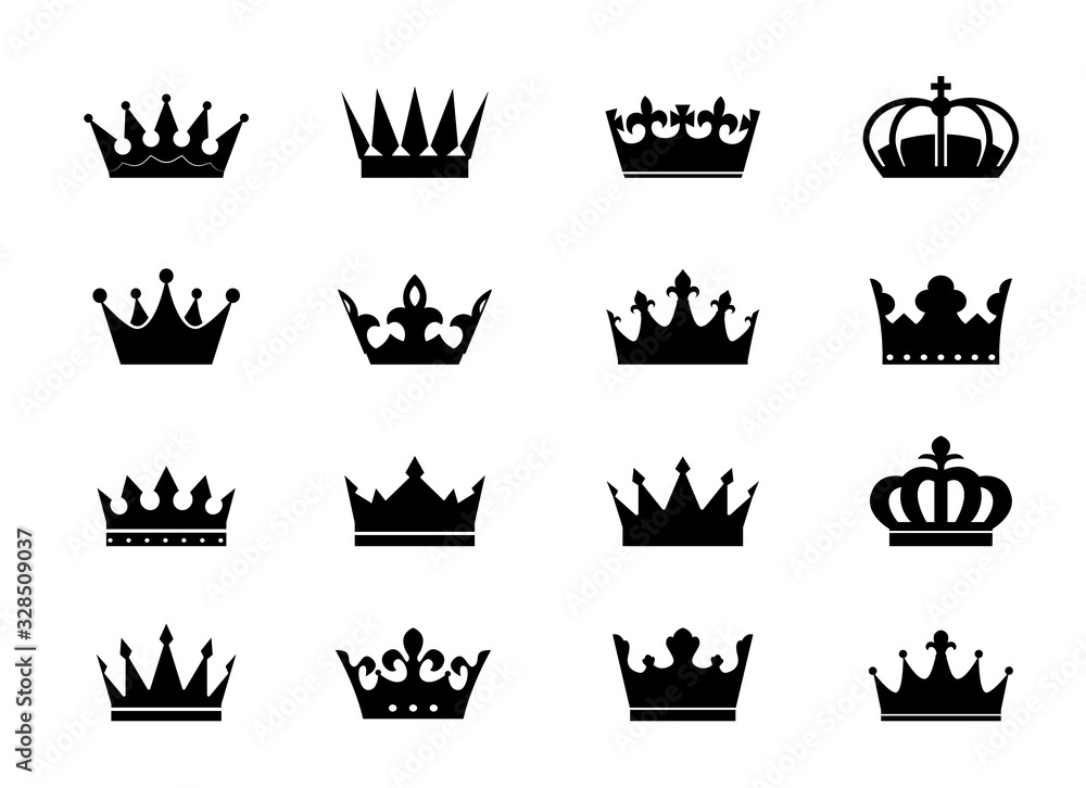 Big Set of vector king crowns icon on white background. Vector Illustration. Emblem and Royal symbols.