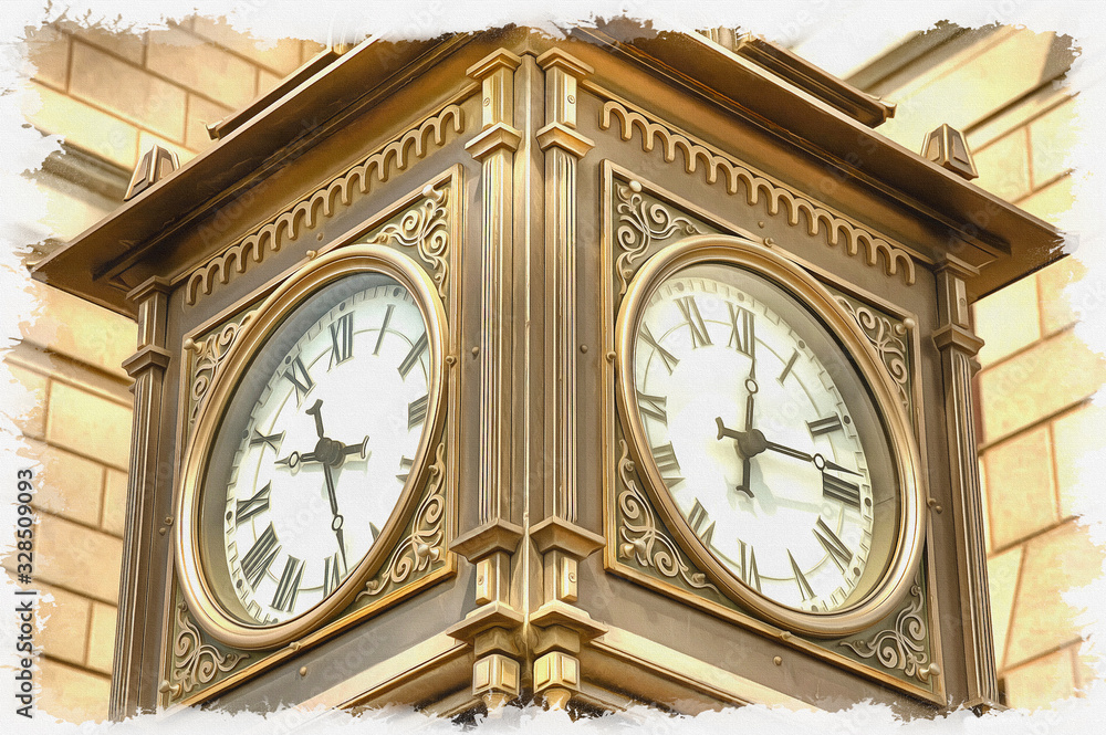 Imitation of a picture. Oil paint. Illustration. Street clock Imitation of a picture. Oil paint. Illustration. Street clock