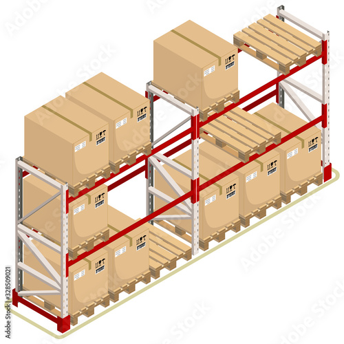 Metal racks for a warehouse with boxes on pallets, isometric design. 3D Render. Vector illustration.