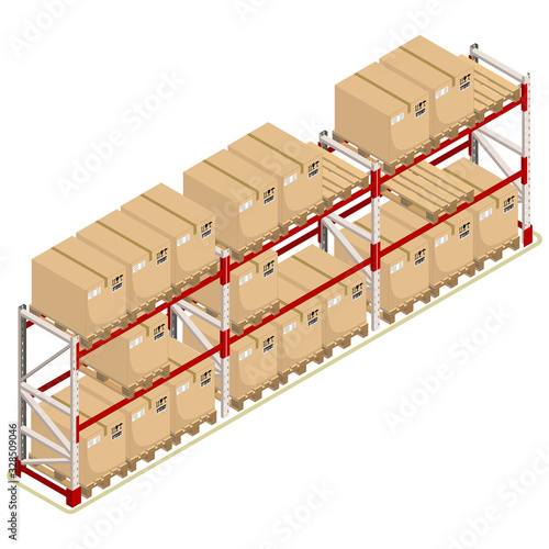 Metal racks for a warehouse with boxes on pallets, isometric design. 3D Render. Vector illustration.