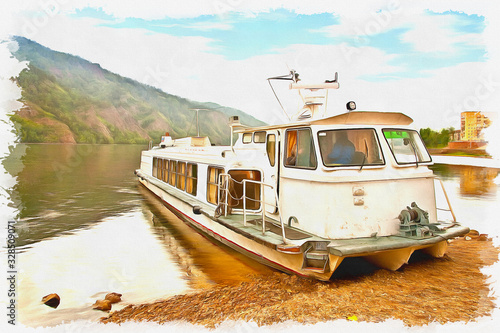 Imitation of a picture. Oil paint. Illustration. Water transport on the river Yenisei