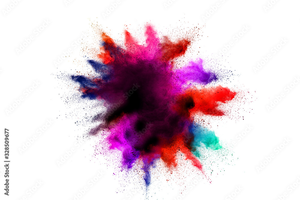 Colorful background of pastel powder explosion.Multi colored dust splash on white background.Painted Holi.