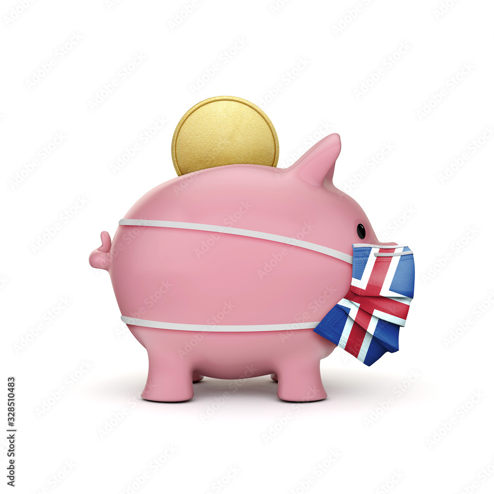 Fototapeta premium Iceland healthcare savings. Piggy bank with face mask. 3D Render