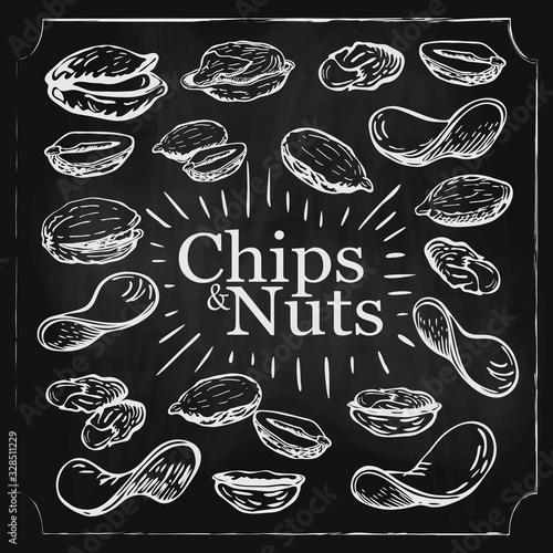 chalk drawn nuts and fried potato chips collection isolated on black chalkboard. snack set in engraved vintage style. Sketch of beer appetizer on blackboard.peanuts pistachio and potato crisps doodles