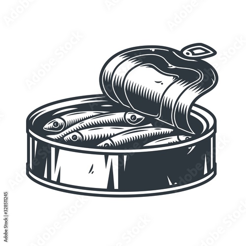 Emblem of sprat tuna fish in tin can for camping
