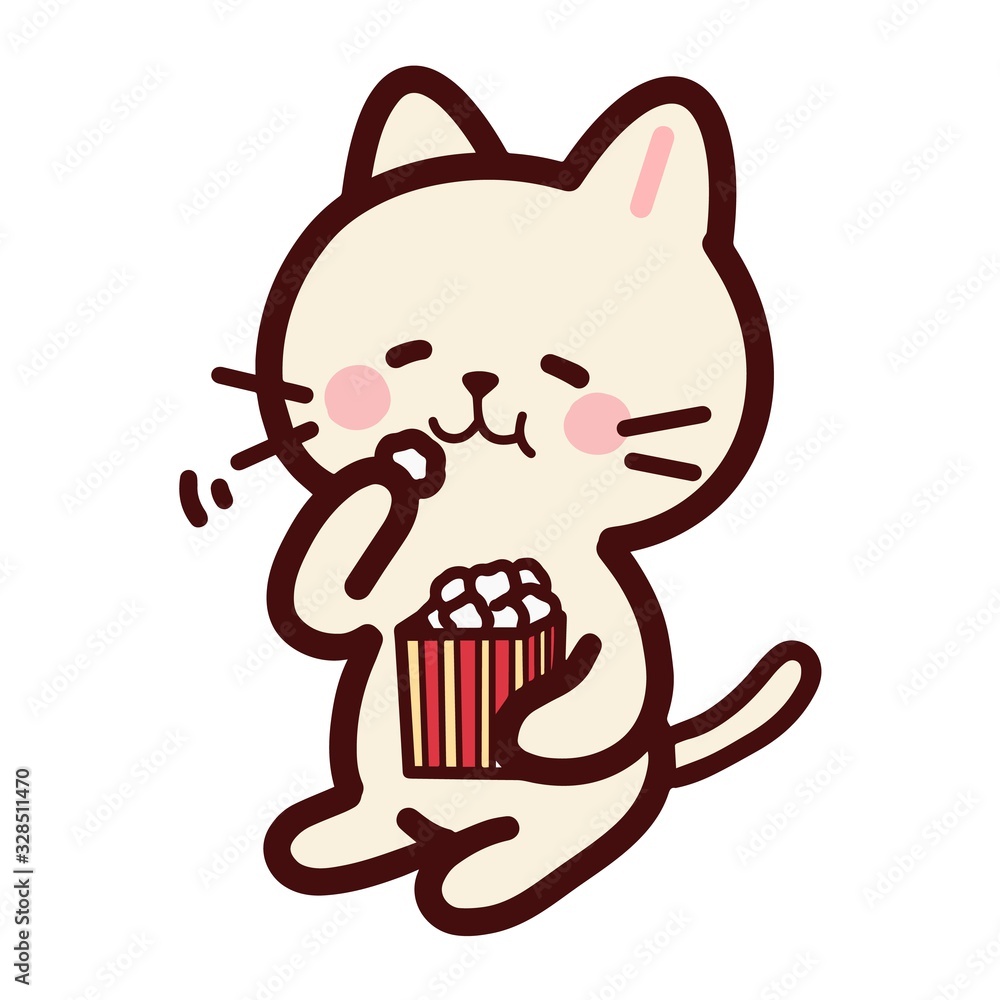 Vetor de ポップコーンを食べて幸せそうなねこのキャラクター do Stock | Adobe Stock