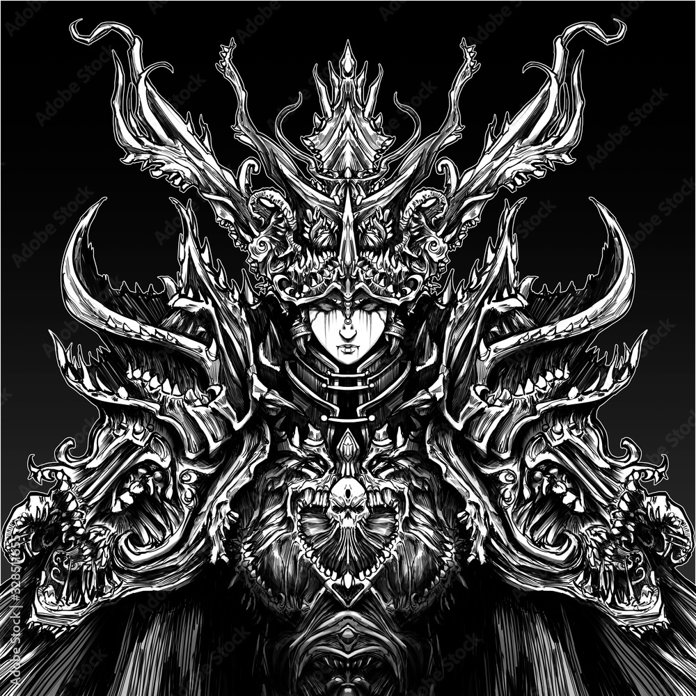 Fototapeta premium A female priestess, a very beautiful girl, in a creepy costume with many bones, teeth, and tentacles, massively and symmetrically surround her face . 2D illustration.