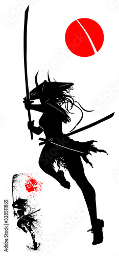 Silhouette of a samurai Girl with a katana and a wide hat with horns, raring to attack moving away from the viewer, in an epic pose on one leg . 2D illustration.
