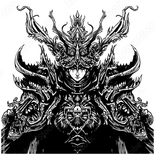 A female priestess, a very beautiful girl, in a creepy costume with many bones, teeth, and tentacles, massively and symmetrically surround her face . 2D illustration.