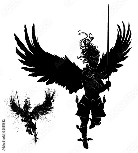 The silhouette of an angel of a woman flying forward with a sword ready in her hands, in a dynamic pose, her hair flying in the wind , her large wings spread wide. 2D illustration.