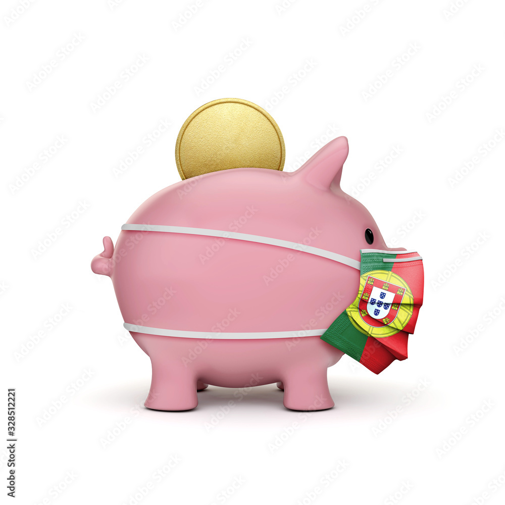 Fototapeta premium Portugal healthcare savings. Piggy bank with face mask. 3D Render