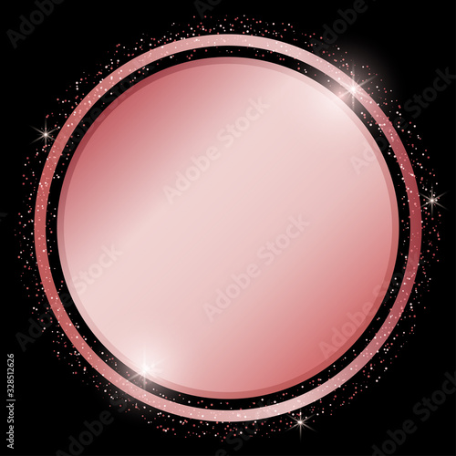 Rose gold round banner. Rose golden round banner isolated on black background. Circle shape. Isolated vector. Trendy design template. Luxury vintage golden vector invitation card template.