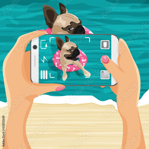 Vector illustration of girl taking a photo of dog in cartoon flat style. Pet photographer picturing french bulldog in rubber ring in the ocean with phone camera. Beach daily scene, vacations concept