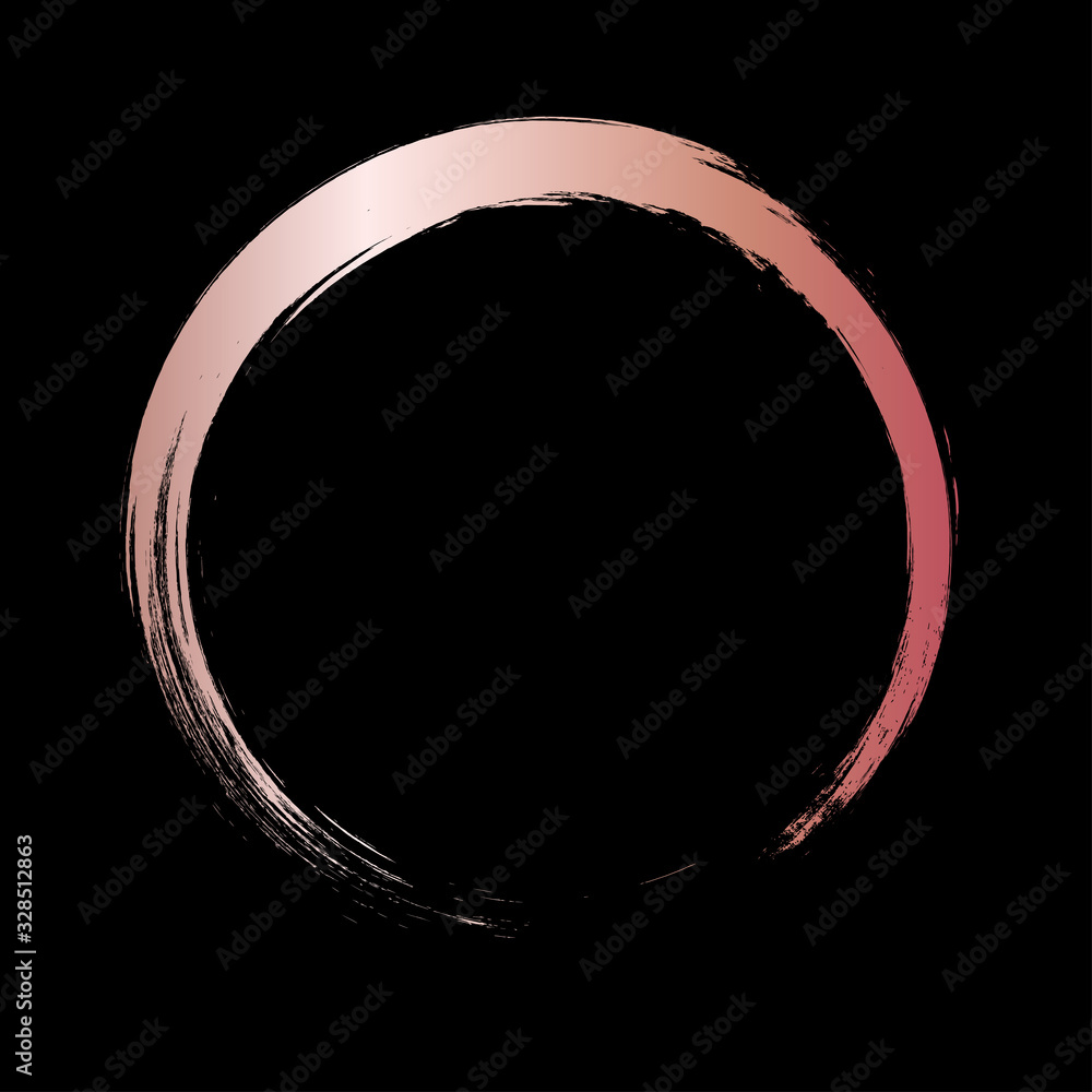Rose gold circle frame. Rose gold gradient circle with vector golden paint  brush texture on black background. Round paint smear or rough ring stamp  for premium festive card or poster design. Stock