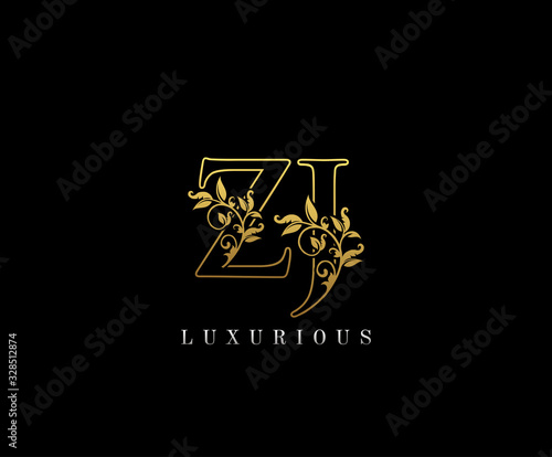 Golden Elegant letter Z, J and ZJ. Graceful royal style. Calligraphic beautiful logo. Vintage drawn emblem for book design, weeding card, brand name, business card, Restaurant, Boutique, Hotel. 
