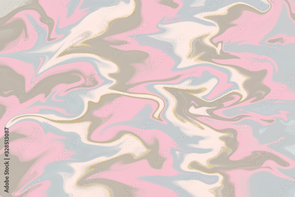 Graphic illustration of liquid dynamic swirl texture in pastel tone color with golden glitters. Modern digital art background. Trendy surface design