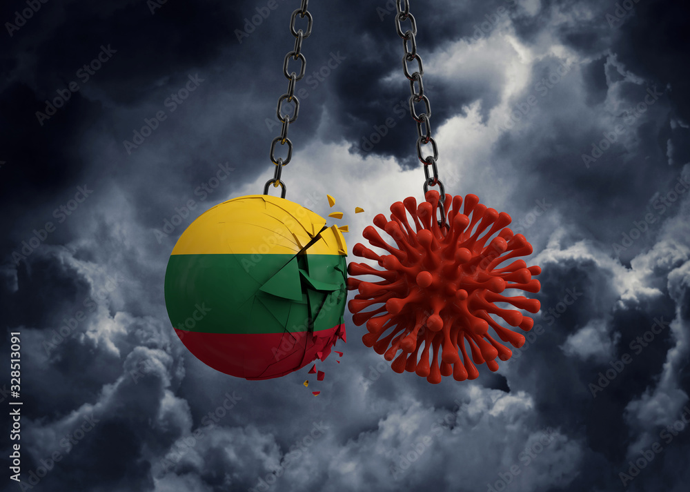 Obraz premium Virus microbe smashing into Lithuania flag ball. 3D Render