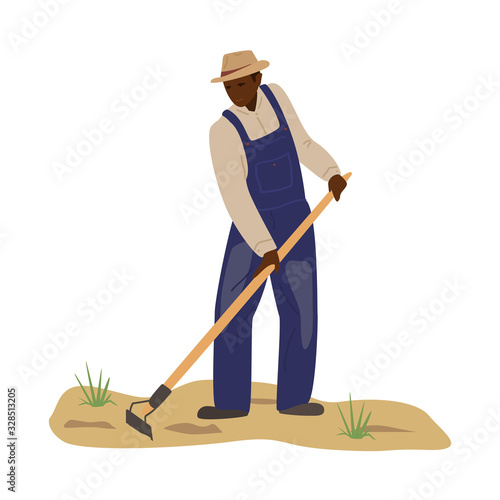 African man in coverall and straw hat working in field with hoe. Black man plowing. Hard manual labor. Farmer character. Traditional agriculture. Flat vector illustration.