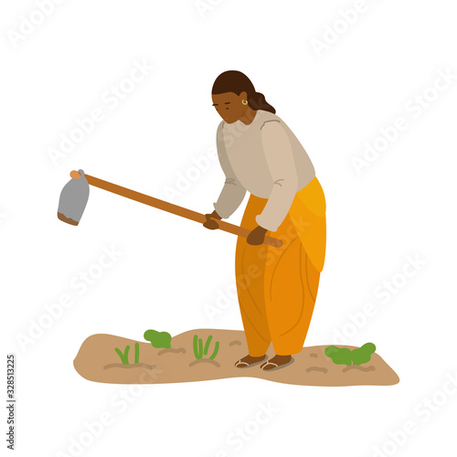Vector illustration of young indian village  woman working in field. Indian farmer digging. Traditional agriculture. Flat.