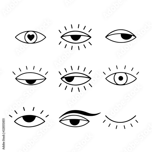 Hand drawn vector outline set with open and closed eyes. Simple outline freehand illustration with eyes. Isolated flat vector illustration on the white background