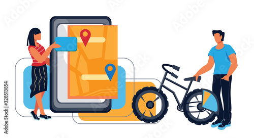Bike sharing and bicycle rental concept with people seeking city ecological friendly vehicle in mobile application. Urban transportation and sharing economy benefits. Flat vector illustration isolated