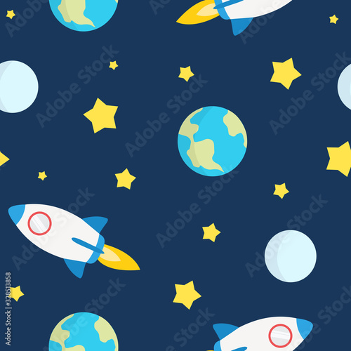 Space Seamless Pattern Childish Style, with Rockets, Earth, Moon and Stars