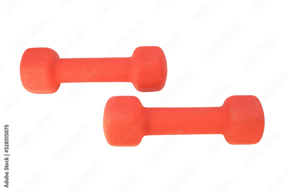 Two red fitness dumbbells with soft neoprene coating isolated on white background Two red fitness dumbbells with soft neoprene coating isolated on white background