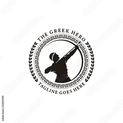 Hercules Heracles with Bow Longbow Arrow, Muscular Myth Greek Archer Warrior Silhouette with Circle Emblem Badge Pattern Frame Leaf Wreath Logo design