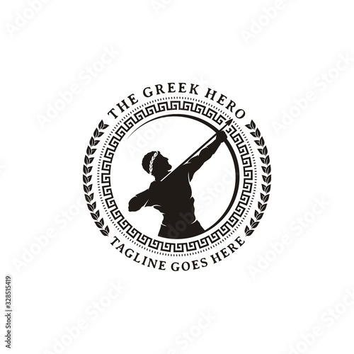 Hercules Heracles with Bow Longbow Aiming an Arrow, Muscular Myth Greek Archer Warrior Silhouette with Circle Emblem Badge Pattern Frame Leaf Wreath Logo design