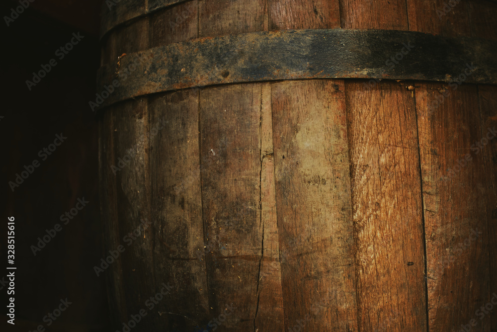 Beer barrel close-up. Oak barrel texture - obrazy, fototapety, plakaty 