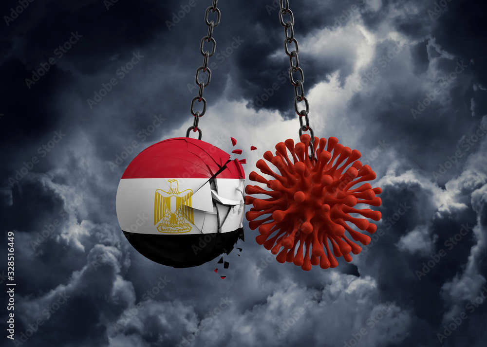Obraz premium Virus microbe smashing into Egypt flag ball. 3D Render