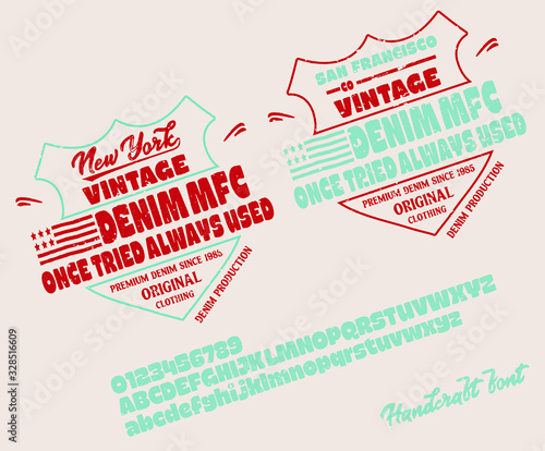 Vector illustration on the theme of denim, raw and jeans in New York City. Vintage design. Grunge background. Typography, t-shirt graphics, print, poster, banner, flyer, postcard.Handmade Vintage Font photo