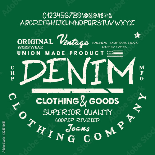 Vector illustration on the theme of denim, raw and jeans in New York City. Vintage design. Grunge background. Typography, t-shirt graphics, print, poster, banner, flyer, postcard.Handmade Vintage Font photo