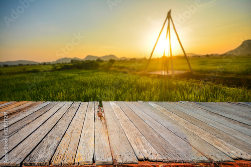 Wooden balcony with rice field in the evening, sunset
