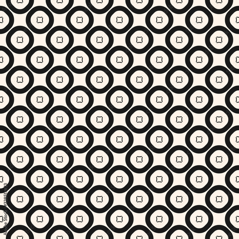 Simple vector geometric texture with small outline circles and squares. Abstract repeat geometrical background. Monochrome seamless pattern. Tileable design for decor, fabric, textile, wrapping, cloth Simple vector geometric texture with small outline circles and squares. Abstract repeat geometrical background. Monochrome seamless pattern. Tileable design for decor, fabric, textile, wrapping, cloth