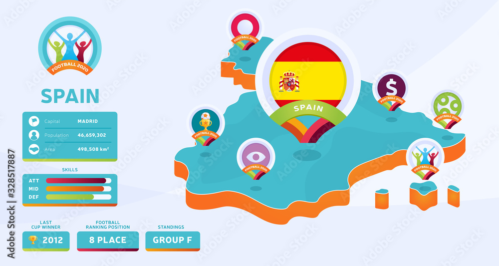 Isometric map of Spain country vector illustration. Football 2020 tournament final stage infographic and country info. Official championship colors and style Isometric map of Spain country vector illustration. Football 2020 tournament final stage infographic and country info. Official championship colors and style