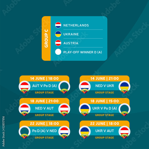 Football 2020 tournament final stage group C vector stock illustration with matches schedule. 2020 European soccer tournament with background. Vector country flags
