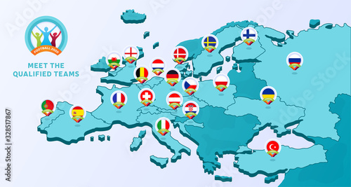 European 2020 football championship Vector illustration with a map of Europe with highlighted countries flag that qualified to final stage and logo sign on white background