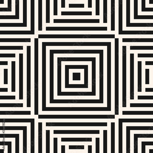 Vector geometric lines seamless pattern. Abstract black and white ornament with stripes, squares, repeat tiles. Stylish linear background. Monochrome texture. Creative design for decor, prints, fabric
