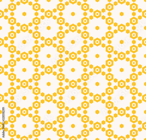 Fototapeta Naklejka Na Ścianę i Meble -  Yellow vector geometric seamless pattern. Graphic ornament with small hexagons, hexagonal grid, lattice, repeat tiles. Abstract background in bright summer colors. Honeycomb texture. Modern design