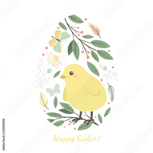 Happy easter design element. Egg with chick and flower, leaves, butterfly. Vector set