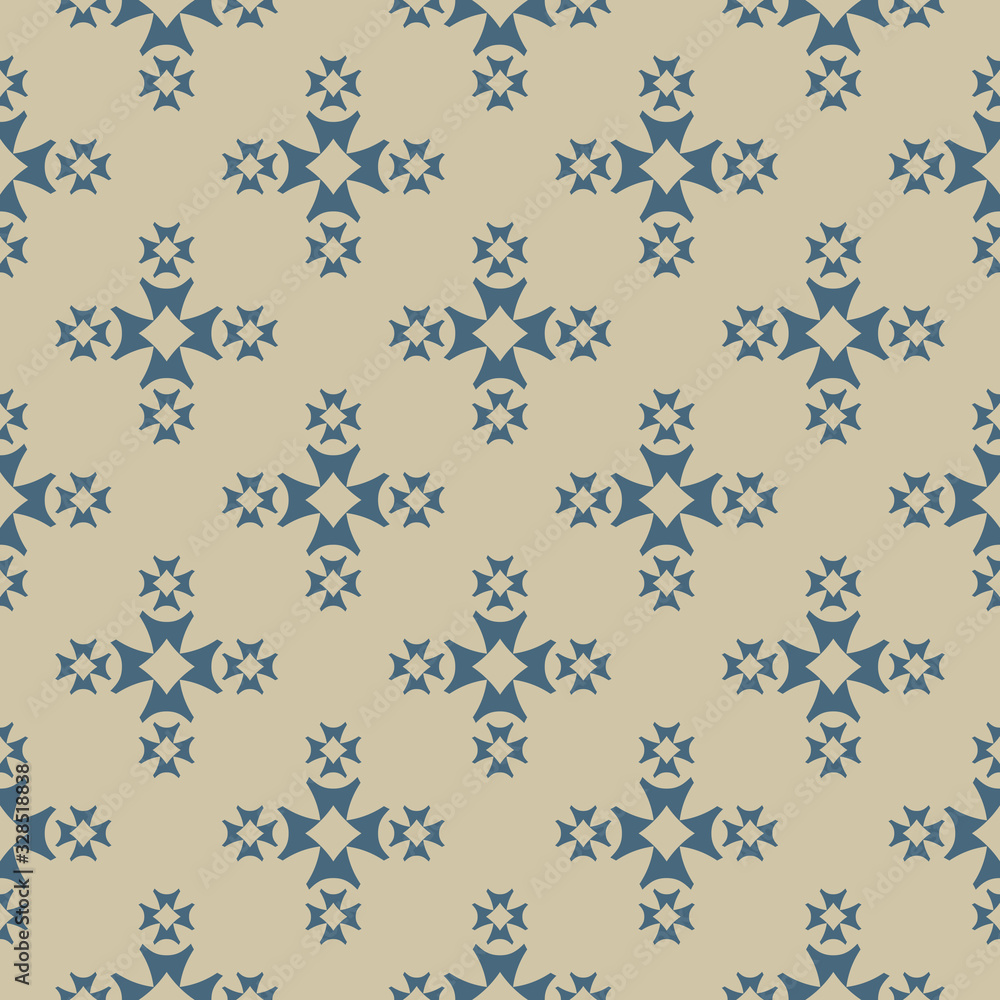 Golden seamless pattern with small crosses, simple floral shapes. Abstract gold and blue geometric texture. Luxury ornate background. Design for decor, textile, wallpapers, fabric, furniture, cloth
