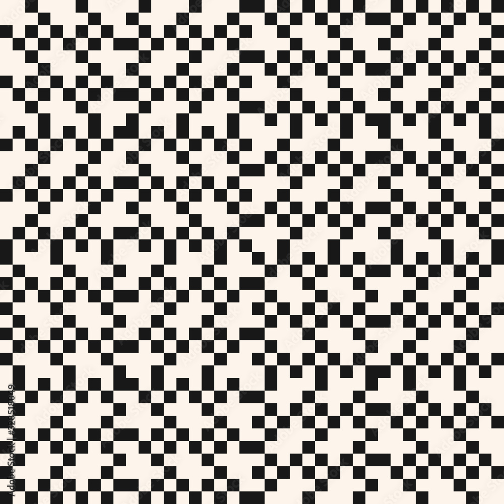 Vector seamless pattern. Traditional geometric knitted ornament. Monochrome ornamental texture of embroidery, knitting, jacquard, fabric, textile. Black and white repeat design with square shapes Vector seamless pattern. Traditional geometric knitted ornament. Monochrome ornamental texture of embroidery, knitting, jacquard, fabric, textile. Black and white repeat design with square shapes