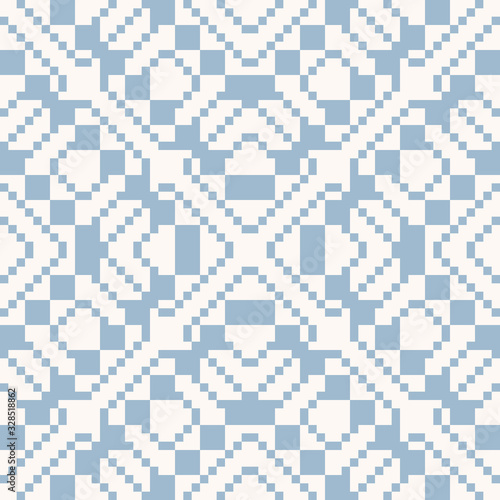 Vector geometric traditional folk ornament. Ethnic seamless pattern. Ornamental repeat background with small squares, crosses, rhombuses. Texture of embroidery, knitting. Light blue and white colors