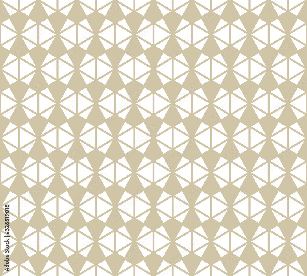 Vector golden abstract geometric seamless pattern. Simple white and gold ornament texture with triangles, diamond shapes, net, grid, lattice, triangular mesh. Luxury modern background. Repeat design Vector golden abstract geometric seamless pattern. Simple white and gold ornament texture with triangles, diamond shapes, net, grid, lattice, triangular mesh. Luxury modern background. Repeat design