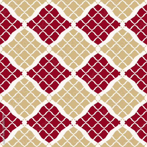 Vector geometric seamless pattern in oriental style. Luxury abstract background. Simple graphic ornament. Elegant burgundy and gold texture with diamonds, rhombuses, mesh, net, grid, repeat tiles