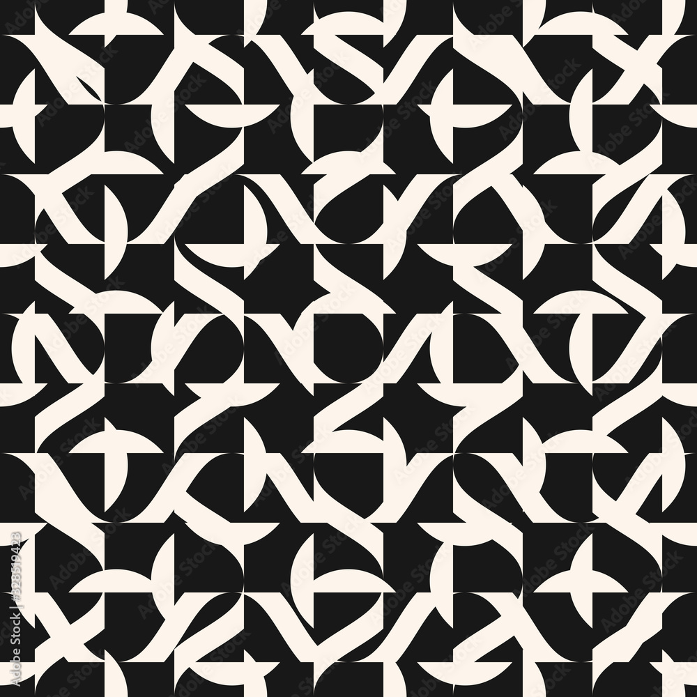 Abstract vector geometric seamless pattern with different shapes, curved lines, repeat tiles. Simple abstract black and white background. Modern minimal monochrome texture. Stylish dark repeat design Abstract vector geometric seamless pattern with different shapes, curved lines, repeat tiles. Simple abstract black and white background. Modern minimal monochrome texture. Stylish dark repeat design